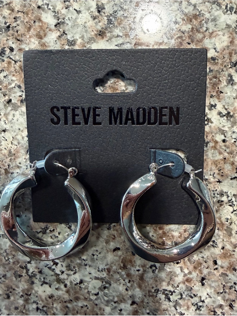 Steve Madden Shiny Silver Twisted Hoop Earrings